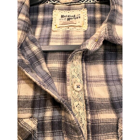 Anthro Holding Horses Willow Ridge Lace and Plaid Button Down Flannel Shirt, M - Picture 3 of 6